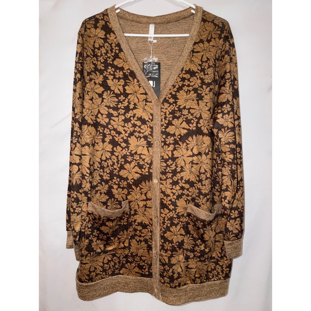 JWD Brown Floral Longline Button‎ Front Cardigan Sweater XL Womens New